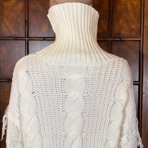 Connoto Ivory Cable Knit Fringe Sleeve Ribbed Turtleneck Sweater - Picture 11 of 16